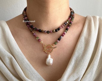 Colorful Tourmaline and Baroque Pearl Pendant Necklace  Chunky Pendant Necklace , multistrand gemstone necklace rainbow tourmaline necklace