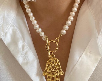 HAMSA Pearl Necklace,Real Pearl Beaded Hand Of Fatima Handmade Necklace,Clasp Pearl Necklace,Hamsa Pendant Natural Pearl Necklace