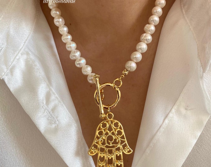 HAMSA Pearl Necklace,Real Pearl Beaded Hand Of Fatima Handmade Necklace,Clasp Pearl Necklace,Hamsa Pendant Natural Pearl Necklace