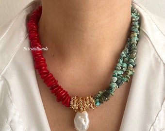 Gold-Plated Coral Turquoise Necklace: Baroque Pearl Pendant