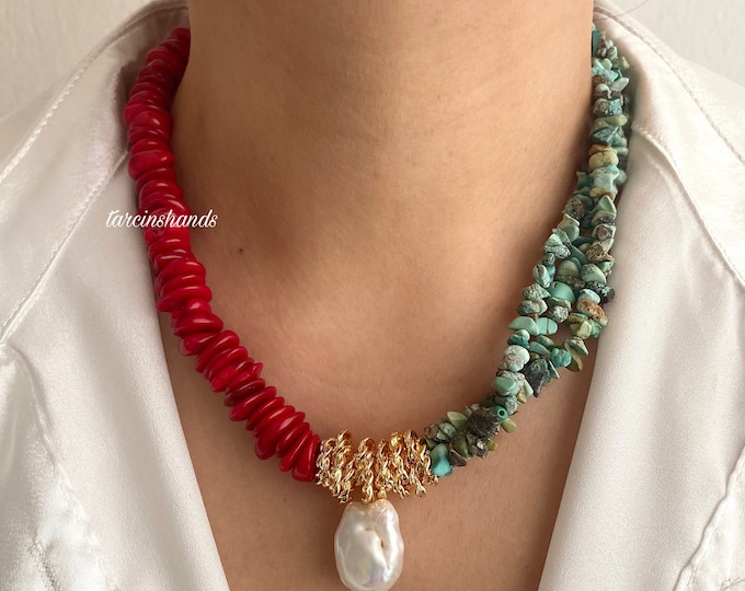 Natural Red Coral and Natural Turquoise Gold Filled Necklace with Baroque Pearl Pendant , Multistrand Turquoise Chunky Necklace , Gift Idea