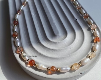 Fire quartz necklace with freshwater pearl , beaded quartz necklace , pearl and gemstone necklace , crystal healing natural stone necklace