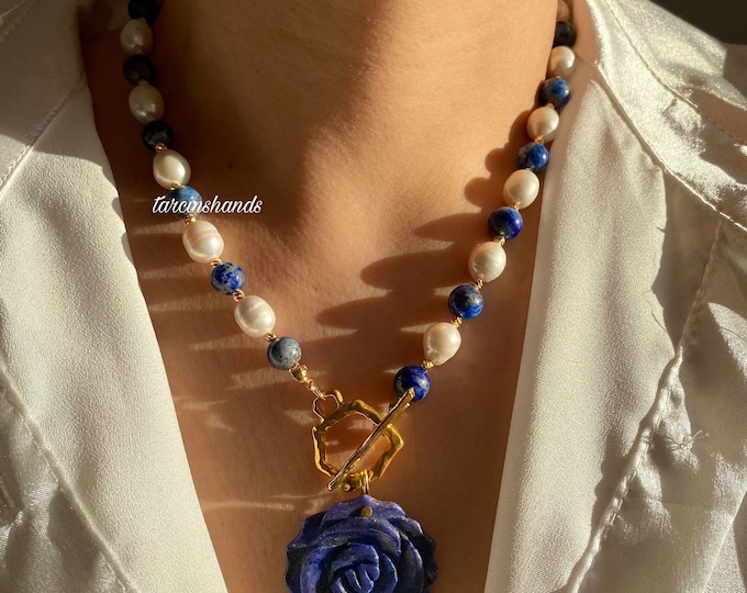 Lapis Lazuli Pearl Gold Toggle Necklace with Rose Lapis Lazuli Pendant, Natural Lapis Lazuli Real Pearl Necklace Statement Gemstone Necklace