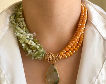 Multistrand Olivine & Crystal Beaded Necklace with Pyrite Pendant