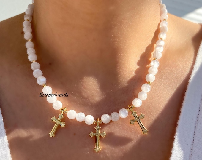 Selenite Necklace , Selenite Beaded Gold Cross Charms Necklace , Cross Pendant Gemstone Necklace , Semi Preciuous Stone Necklace , Gift Idea