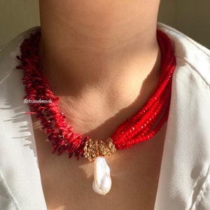 Red Coral Multistrand Necklace: Baroque Pearl, Crystal Beads