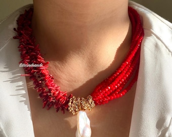Multistrand Natural Red Coral and Baroque Pearl Gold Necklace , Chunky Red Gemstone Necklace , Christmas Gift For Women , Red Coral Necklace