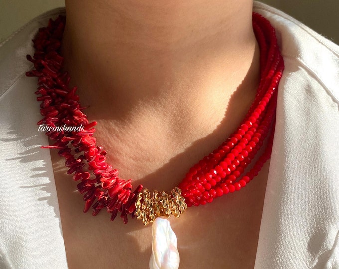 Multistrand Natural Red Coral and Baroque Pearl Gold Necklace , Chunky Red Gemstone Necklace , Christmas Gift For Women , Red Coral Necklace