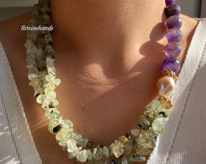 Multistrand Prehnite Amethyst and Baroque Pearl Gold Filled Necklace, Chunky Semi Precious Stone Necklace, Statement Gemstone Necklace