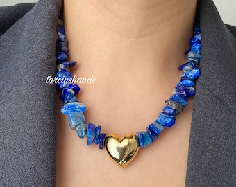 Lapis Lazuli Necklace: Gold-Plated Puffed Heart Charm, Chunky Gemstone