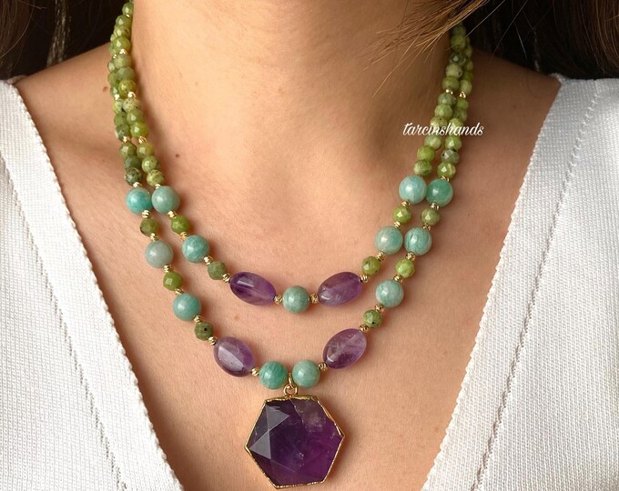 Multistrand Jade Amazonite and Amethyst Gold Necklace , Semi Precious Stone Layered Necklace,Multistone Multistrand Necklace, Gift For Women