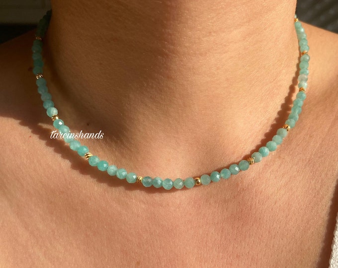 Amazonite Necklace , Amazonite Beaded Gold Necklace , Dainty Amazonite Minimalist Necklace , Semi Precious Blue Stone Necklace, Gift Idea