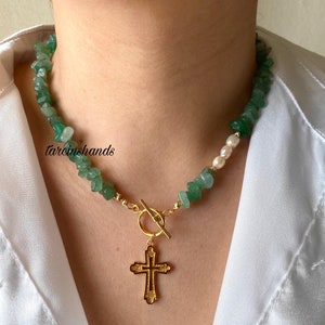 Aventurine Cross Necklace: Freshwater Pearl Gold-Plated Toggle