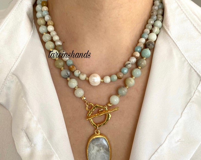 Multistrand Amazonite Pearl Gold Toggle Necklace with Moonstone Pendant , Beaded Amazonite Necklace , Layered Gemstone Necklace , Gift Idea