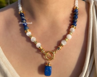 Lapis Lazuli and Selenite Gold Toggle Necklace , Navy Blue Gemstone Necklace , White Gemstone Necklace , Natural Stone Necklace
