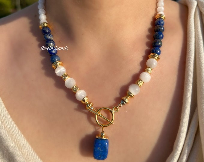 Lapis Lazuli and Selenite Gold Toggle Necklace , Navy Blue Gemstone Necklace , White Gemstone Necklace , Natural Stone Necklace Gift For Her