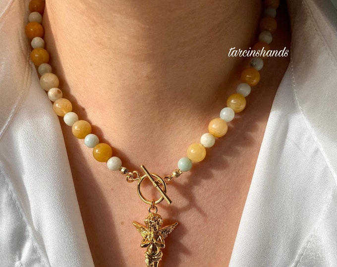 Amazonite and Orange Aventurine Gold Toggle Necklace with Angel Pendant, Colorful Semi Precious Stone Necklace , Gift For Women Birthday