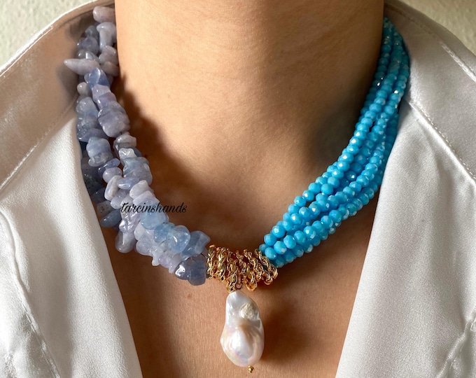Aquamarine Necklace , Aquamarine Beaded Multistrand Gold Necklace with Baroque Pearl Pendant, Chunky Blue Semi Precious Stone Necklace,Gift