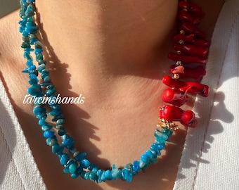 Multistrand Raw Red Coral & Apatite Necklace - Boho Gold Filled Jewelry