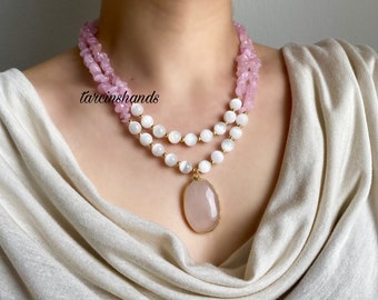 Multistrand Pink Quartz and Selenite Necklace: Bohemian Statement Piece for Her Anniversary Gifted