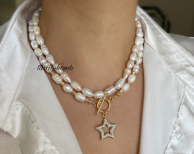 Multistrand Freshwater Pearl Gold Toggle Necklace With Rhinestone Star Pendant , Layered Natural Pearl Necklace , Two Strand Pearl Necklace
