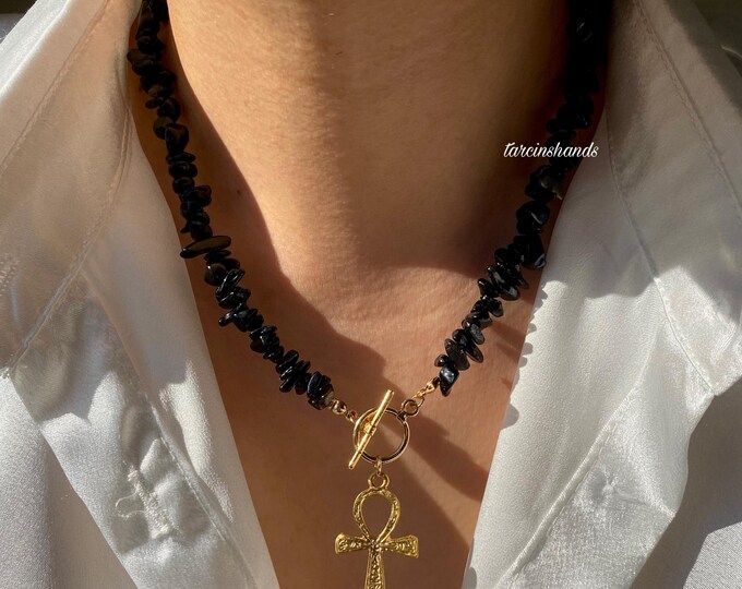 Onyx Ankh Necklace with Toggle Clasp, Beaded Onyx Necklace with Key of Life,Black Gemstone Gold Ankh Necklace with T bar Clasp, Dainty Ankh