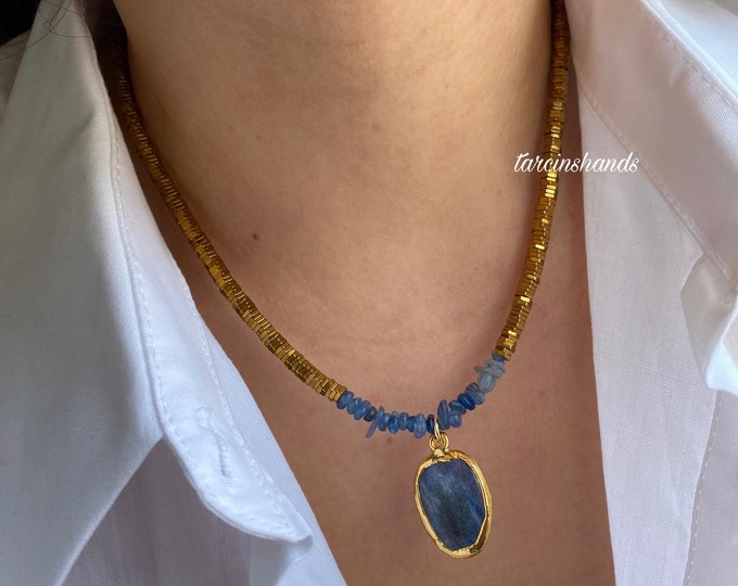 Kyanite and Hematite Necklace,Minimalist Gold Hematite Necklace,Beaded Kyanite Necklace,Dainty Kyanite Necklace,Handmade Jewelry
