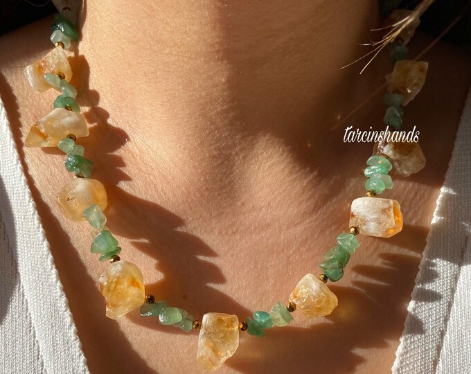 Raw Citrine and Aventurine Gold Filled Necklace, Beaded Natural Citrine Necklace,Handmade Chunky Gemstone Necklace, Boho Citrine Necklace