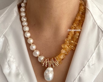 Natural Citrine and Baroque Pearl Gold Filled Necklace , Statement Gemstone Necklace , Pearl Citrine Necklace , Gift For Women Birthday