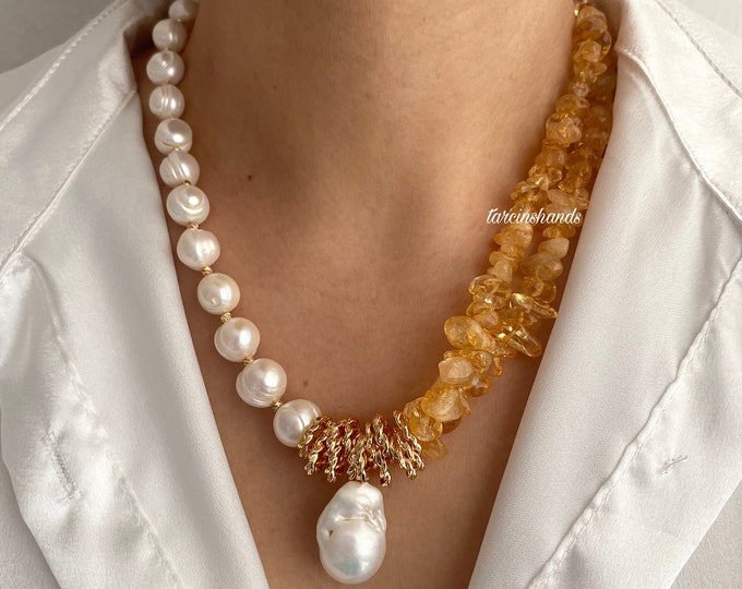 Natural Citrine and Baroque Pearl Gold Filled Necklace , Statement Gemstone Necklace , Pearl Citrine Necklace , Gift For Women Birthday