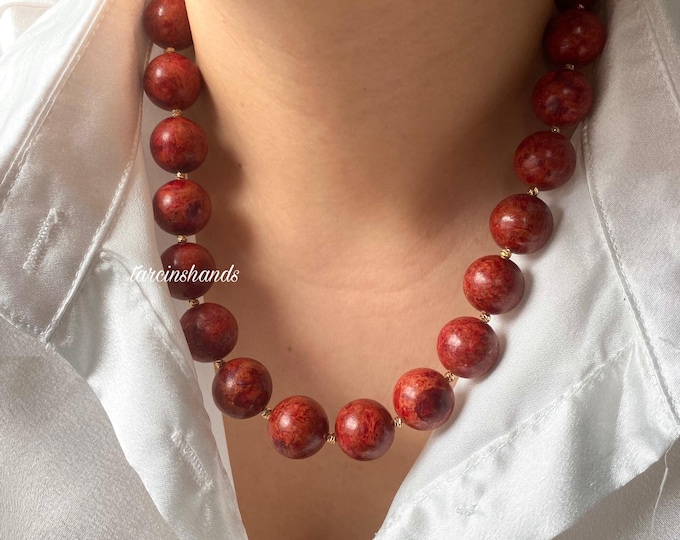 Natural Red Coral Gold Filled Necklace, Big Bold Chunky Coral Necklace,Real Red Coral Necklace, Beaded Coral Statement Necklace,Gift For Mom