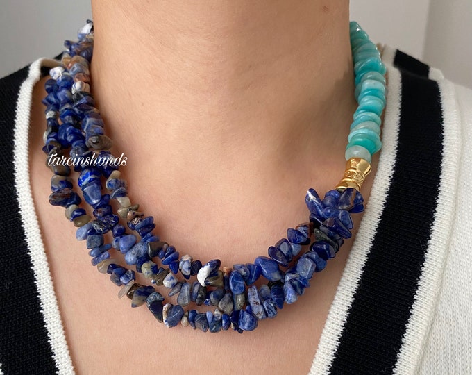 Sodalite and Amazonite Gold Necklace , Multistrand Blue Gemstone Necklace , Layered Statement Necklace , Christmas Gift For Women
