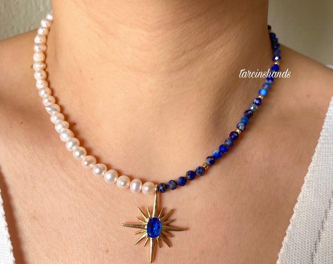 Lapis Lazuli and Pearl Gold North Star Pendant Necklace, Half Half Gemstone Necklace, Navy Blue Semi Precious Stone Minimalist Necklace