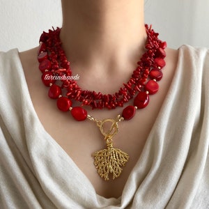 Multistrand Red Coral Necklace with Gold Plated Coral Pendant Bohemian Style image 2