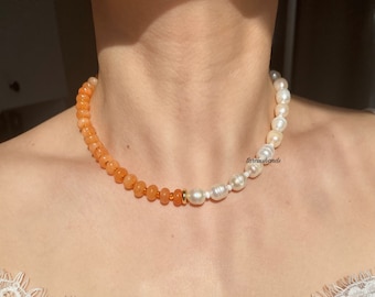 Orange gemstone necklace with freshwater pearls , half half necklace , jade necklace , natural stone necklace , gemstone jewelry crystal