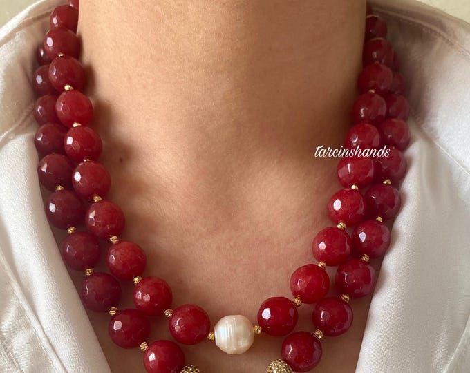 Big Bold Red Agate Baroque Pearl Gold Filled Multistrand Necklace,Red Semi Precious Stones Handmade Chunky Necklace,Statement Agate Necklace