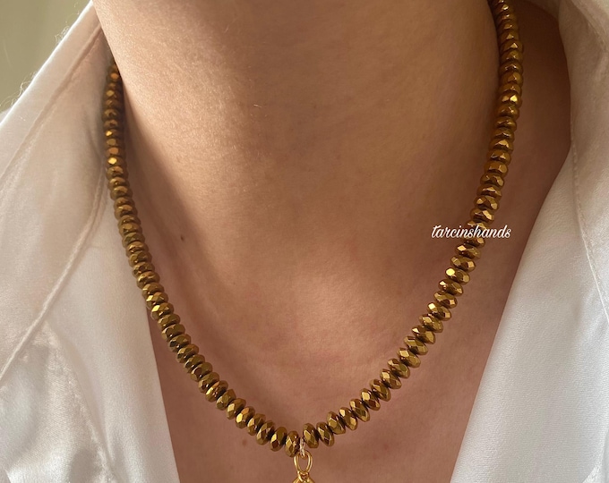 Movable Fish Gold Hematite Bead Necklace,Handmade Vintage Fish Pendant Necklace,3D Trendy Fish Necklace,Hematite Bead Necklace For Women