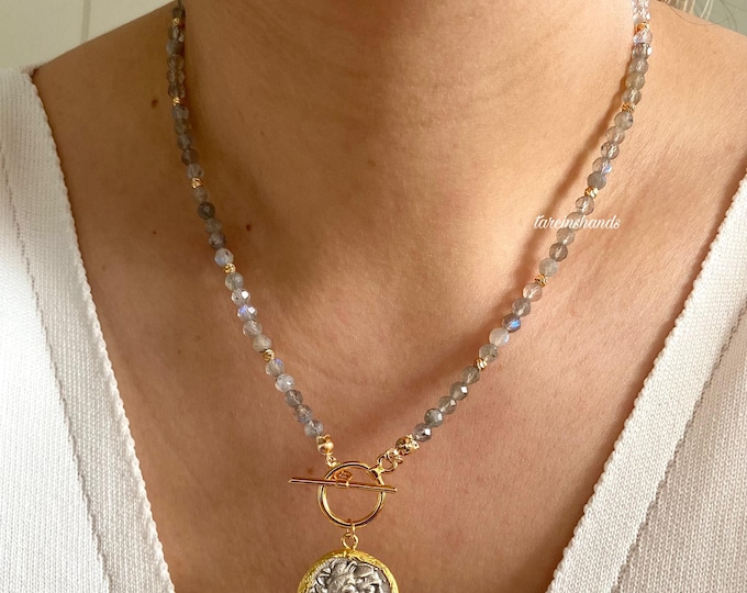 Labradorite Ancient Greek Coin Gold and Silver Filled Necklace with T Bar Clasp,Alexander Coin Necklace with Gemstone,Gemstone Coin Necklace