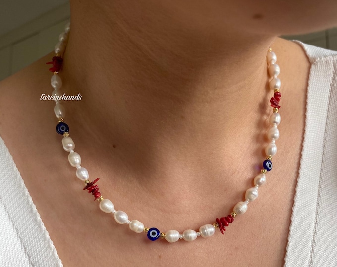 Natural Pearl Red Coral and Navy Blue Glass Evil Eye Bead Gold Filled Necklace,Dainty Freshwater Pearl Gold Necklace,Pearl Third Eye Bead
