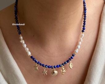 Lapis Lazuli & Pearl Necklace with Gold Sea Charms