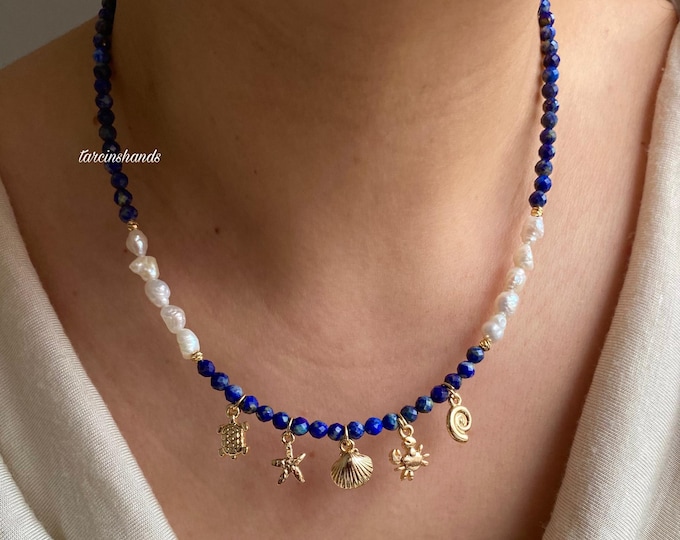 Minimalist Lapis Lazuli and Freshwater Pearl Gold Filled Necklace with Sea Charms,Ocean Charms Navy Blue Semi Precious Stone Pearl Necklace