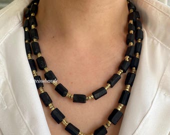 Raw Black Tourmaline Multistrand Necklace: Gold Lava Stone Obsidian Pendant