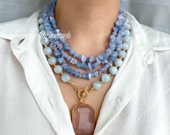 Aquamarine Gemstone Multi-Strand Necklace Pinkish Orange Faceted Pendant Handcrafted- chunky aquamarine necklace statement necklace