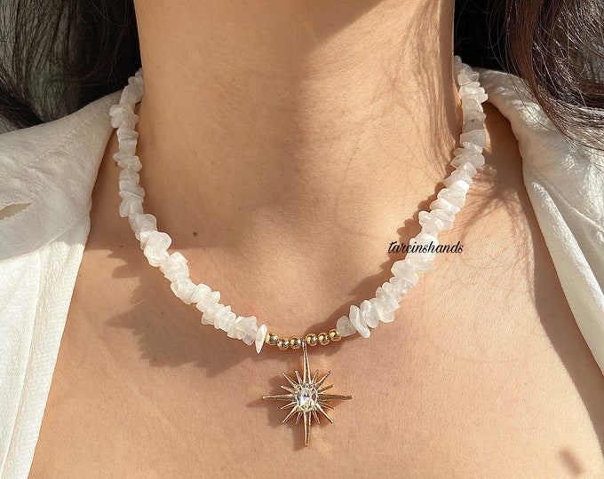Serenity Glow: Minimalist Moonstone Necklace in Gold , beaded moonstone necklace white gemstone necklace , minimalist necklace