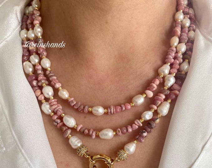 Rhodochrosite Pearl Gold Filled Multistrand Necklace,Pink Gemstone Necklace,Statement Natural Pearl and Semi Precious Stone Necklace