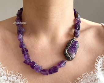 Amethyst necklace , rock amethyst necklace , druzy amethyst necklace , chunky natural stone necklace , statement necklace , crystal necklace