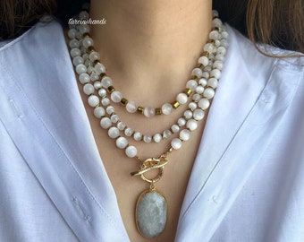 Selenite Necklace , Beaded Selenite Necklace , Multistrand Gemstone Necklace , Moonstone Necklace , three layered necklace , Gift Ideas