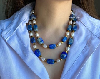 Lapis lazuli necklace with freshwater pearls , layered lapis necklace , multistrand lapis lazuli necklace , chunky raw lapis lazuli necklace