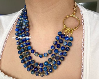 Lapis lazuli necklace , multistrand lapis lazuli bead necklace , layered navy blue gemstone necklace , unique gemstone necklace for women