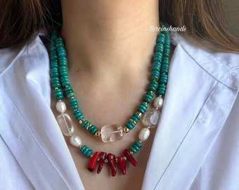 Turquoise coral and clear quartz necklace , multistrand beaded necklace , crystal bead necklace , colourful necklace , unique gemstones